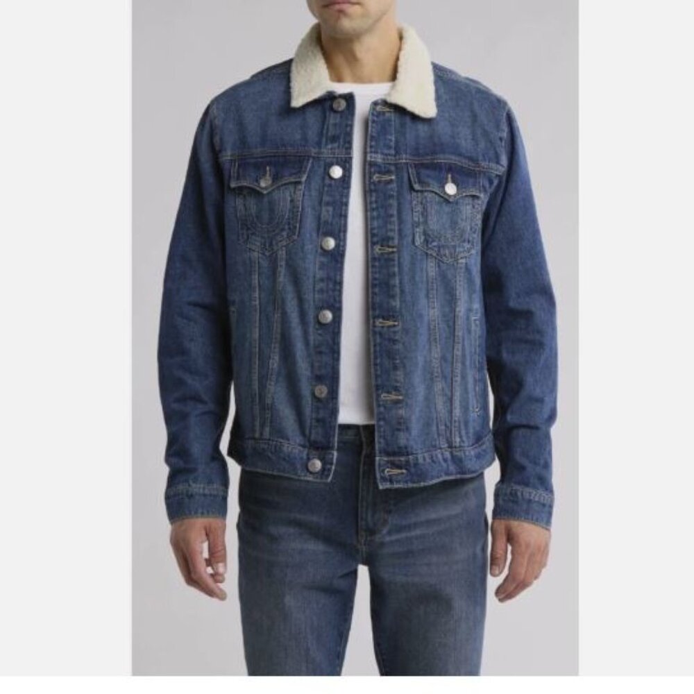 True Religion Faux Shearling Trim Trucker Denim Jacket Men's Size Large New
